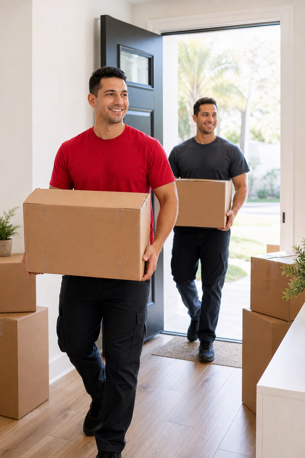 Movers carrying cardboard boxes through a home entryway