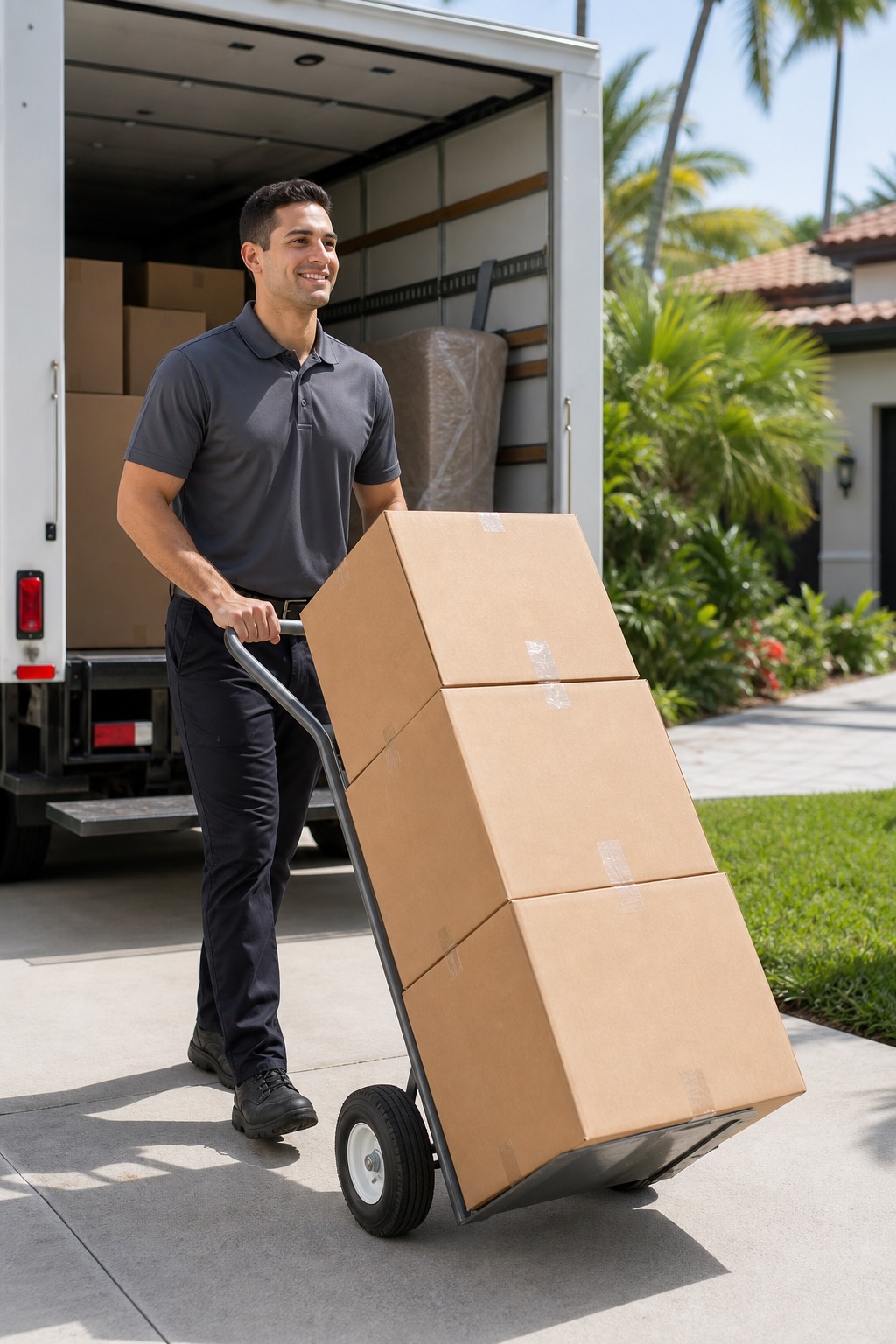 Mover transporting stacked boxes on a hand truck