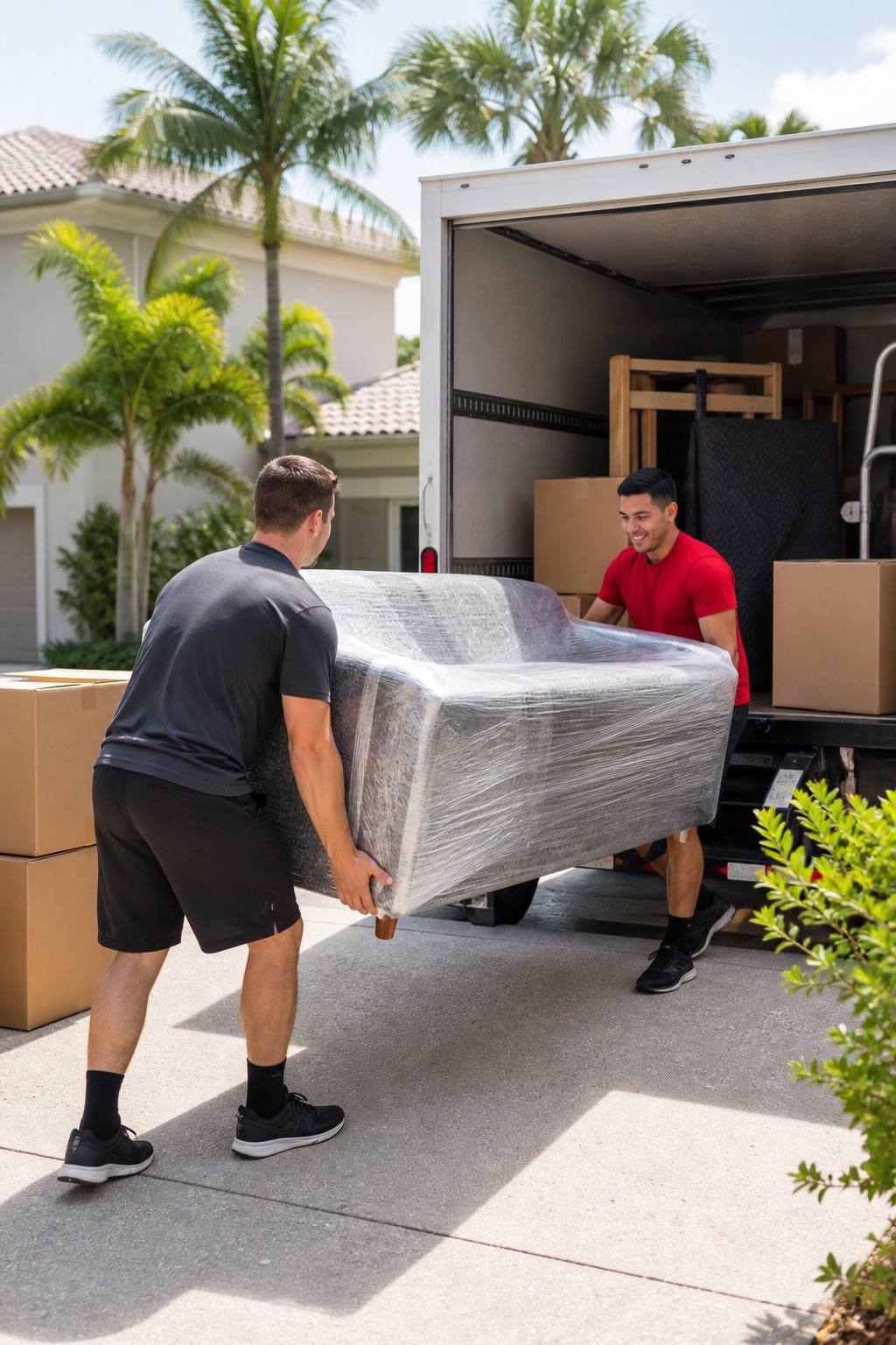 Movers loading protected furniture into a truck